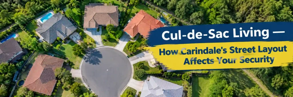 Aerial view of a Carindale suburban cul-de-sac with family homes, driveways, landscaped gardens, and a green reserve behind the rear property boundaries.