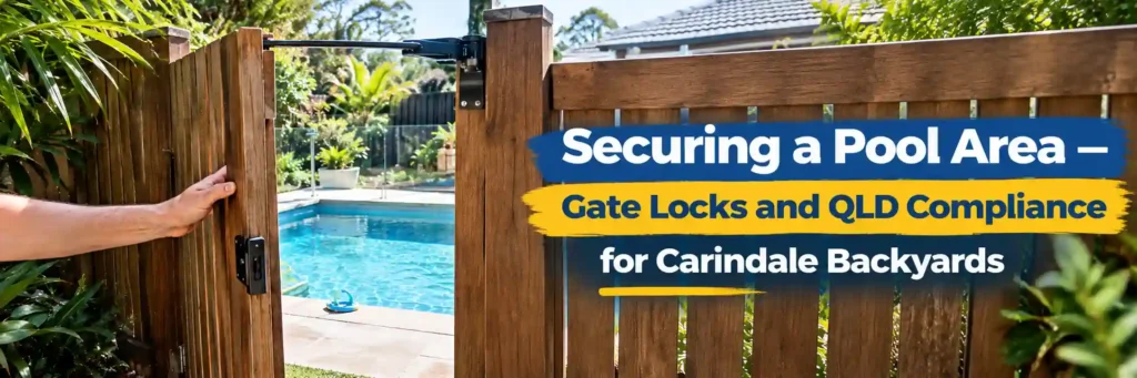 Wooden swimming pool gate with a visible latch and self-closing hinge in a Carindale backyard, illustrating pool gate security and Queensland pool safety compliance.
