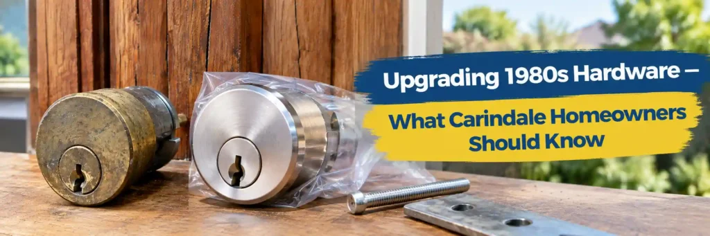 Comparison of an aged brass deadlock cylinder and a new silver replacement lock cylinder against a weathered timber door frame, illustrating lock upgrades for older Carindale homes.