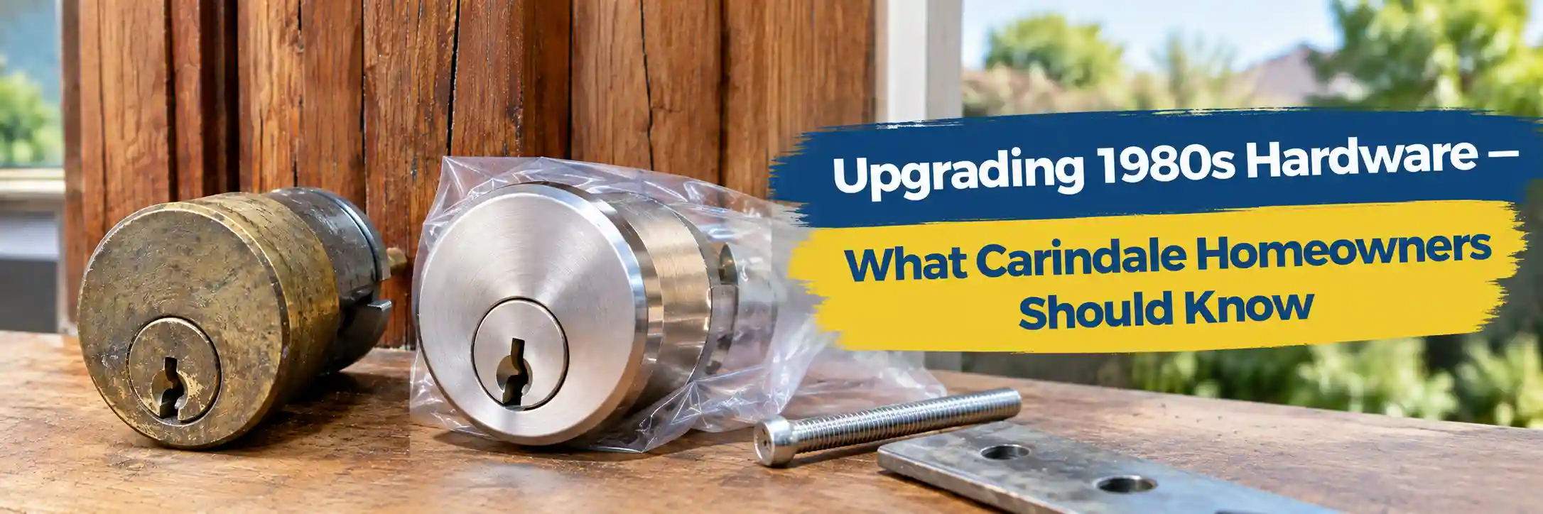 Comparison of an aged brass deadlock cylinder and a new silver replacement lock cylinder against a weathered timber door frame, illustrating lock upgrades for older Carindale homes.
